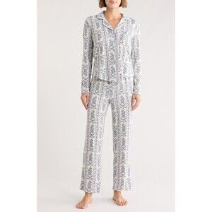 Laura Ashley Ivory Floral Brushed Waffle Long Pajamas Blue Set Floral Soft Therm